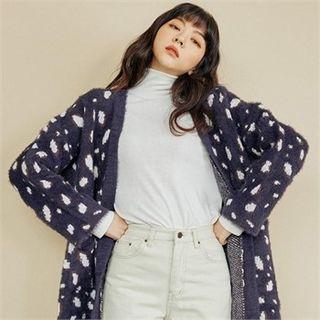 Open-front Leopard Wool Blend Long Cardigan Navy Blue - One Size