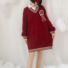V-neck Long Sweater Wine Red - One Size