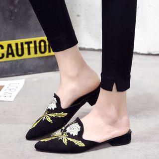 Pointy Toe Floral Embroidered Mules