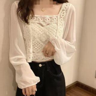 Long-sleeve V-neck Plain Chiffon Panel Embroidered Blouse