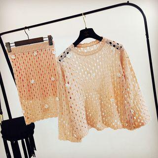 Set: Flower-accent Perforated Sweater + Straight Cut Mini Knit Skirt Pink - One Size