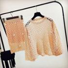 Set: Flower-accent Perforated Sweater + Straight Cut Mini Knit Skirt Pink - One Size