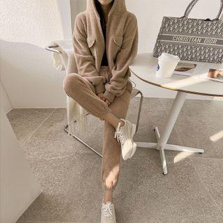 Set: Drawstring Zip-up Knit Hoodie + Jogger Pants