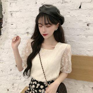 Lace Panel Short Sleeve Square Neck Blouse