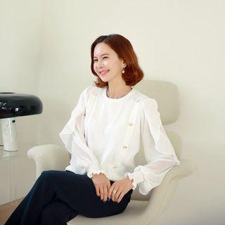 Chiffon-sleeve Button-trim Knit Top