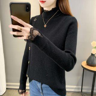High-neck Lace Panel Single-breasted Cable Knit Sweater