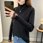 High-neck Lace Panel Single-breasted Cable Knit Sweater