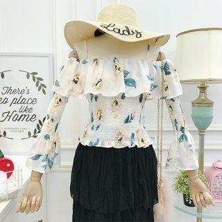 Cold-shoulder Long-sleeve Printed Smocked Top