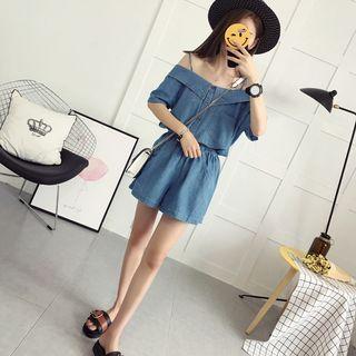 Set: Off-shoulder Denim Shirt + Denim Shorts