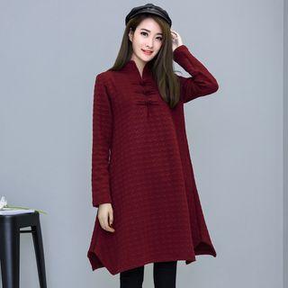 Stand Collar Houndstooth Long-sleeve Dress