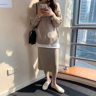 Set Of 2:mock Two Piece Hoodie + Slited Knit Midi Skirt
