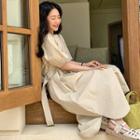 Short-sleeve Midi Shift Dress Beige - One Size