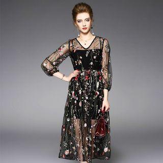 3/4-sleeve Embroidery Tulle Dress