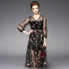 3/4-sleeve Embroidery Tulle Dress