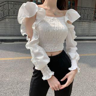 Ruffle Trim Cutout Smocked Cropped Blouse White - One Size