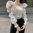 Ruffle Trim Cutout Smocked Cropped Blouse White - One Size