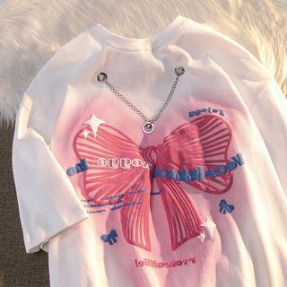 Short-sleeve Bow Print Chained T-shirt