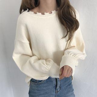 Plain Asymmetric Loose-fit Puff-sleeve Sweater