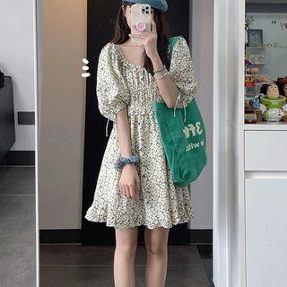Puff-sleeve Ruffle Floral Mini A-line Skirt
