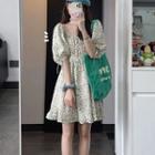 Puff-sleeve Ruffle Floral Mini A-line Skirt