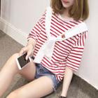 Elbow-sleeve Striped Top With Scarf