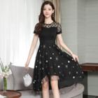 Short-sleeve Star Embroidered A-line Mesh Dress