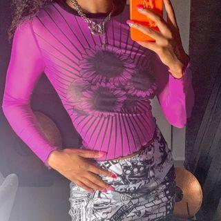Long-sleeve Floral Printed Mesh Top