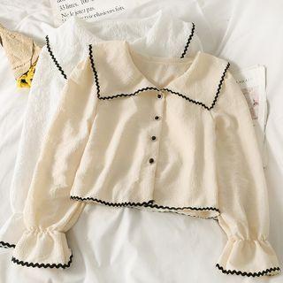 Two Tone Pleated Button-up Cropped Blouse