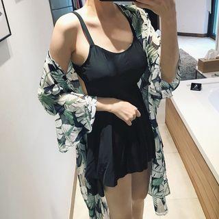 Open-back Swimdress + Elbow-sleeve Leaf Print Cover-up