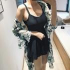 Open-back Swimdress + Elbow-sleeve Leaf Print Cover-up