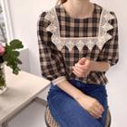 Puff-sleeve Lace-trim Plaid Blouse Beige - One Size