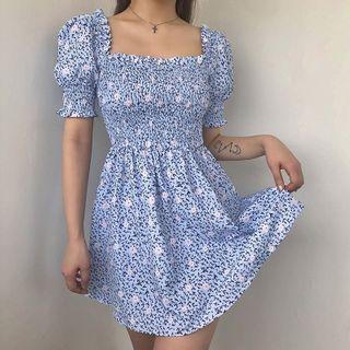 Floral Ruffle Trim Puff-sleeve Mini A-line Dress