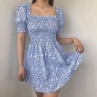 Floral Ruffle Trim Puff-sleeve Mini A-line Dress