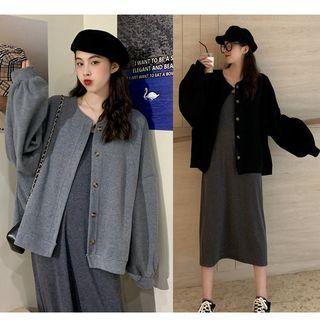 Buttoned Jacket / Spaghetti Strap Midi Dress