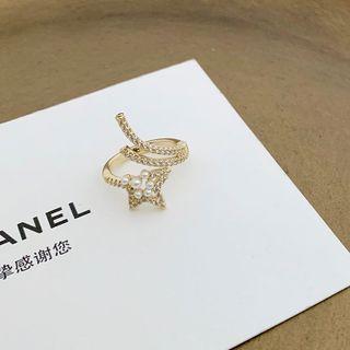 Star Faux Pearl Rhinestone Alloy Open Ring Gold - One Size