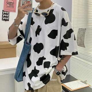 Round-neck Cow Printed Oversized Short Sleeve T-shirt