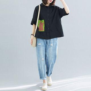 Elbow-sleeve Hooded Shirt Black - One Size