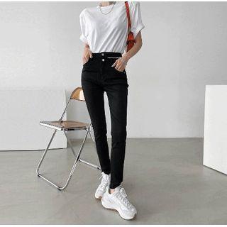 High-waist Slit-trim Skinny Pants