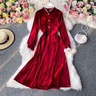 Lace-trim Velvet Long-sleeve Dress