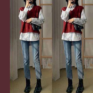 Set Of 3: Knit Vest + Blouse + Denim Pants
