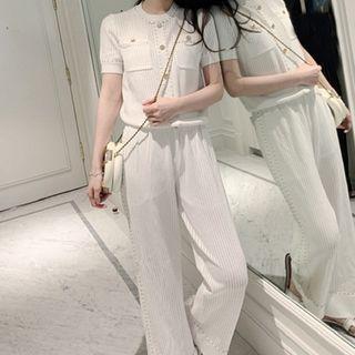 Set: Short-sleeve Knit Top + High Waist Wide Leg Pants