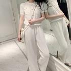 Set: Short-sleeve Knit Top + High Waist Wide Leg Pants