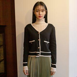 V-neck Piped Button-detail Cardigan