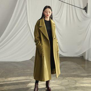 Gathered-waist Wool Blend Coat Olive Green - One Size