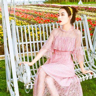3/4-sleeve Sheer A-line Midi Dress