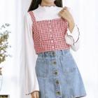 Set: Contrast Trim Flared-sleeve T-shirt + Checked Cropped Camisole Top