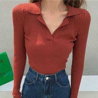 Polo-neck Ribbed Knit Top / Skinny Jeans