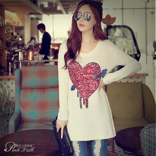 Sequined-heart Long Knit Top
