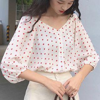 Set: 3/4-sleeve Polka Dot V-neck Blouse + High-waist Shorts