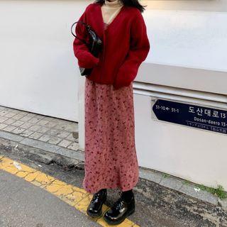 Plain Long-sleeve T-shirt / V-neck Cardigan / Flower Print Midi Pinafore Dress